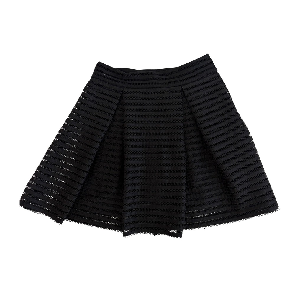 Express Black Striped Eyelet Mesh Pleated A-Line Mini Skirt Womens Size 4